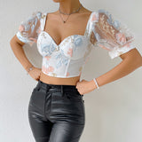 Wjczt Summer Embroidery Floral Blouse Chic Streetwear Fashion Y2K Blouses Sheer Mesh Square Collar Tulle Tops cute tops women