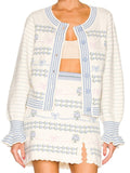 Wjczt Sweet Women Autumn White Blue Flower Knitted Flare Sleeve Cardigan High Waist Front Slit Wave Hem  Mini Skirt Matching Set
