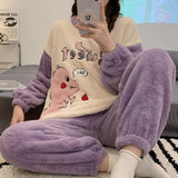 Wjczt Autumn Winter New Warm Flannel Women's Pajamas Set Long-sleeved Trousers Two-piece Set Cute Soft Home Wear Clothes for Women