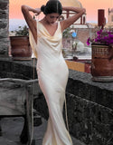 Wjczt Sexy Backless Maxi Satin Dress Women Elegant Straps Draped Party Dress Off Shoulder Sleeveless Summer Long Dress