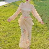 Wjczt French Elegant Ladies Vintage Dress Square Collar Mesh Bowtie Tunic Sheath Long Dress Sweet Flower Printed Retro Summer Dresses