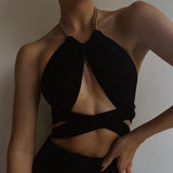 Wjczt Summer Chain Halter Top Women Sexy Crop Tops Bandage Lace Up Cross Blouses Hollow Out Backless Streetwear Y2K Clothes