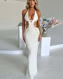 Wjczt Crochet Halter Sleeveless Backless Solid Hollow Out Bandage Sexy Slim Maxi Prom Dress Winter Festival Party Outfit