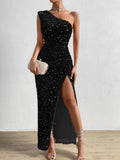 Wjczt Pink Sequin Summer Dress For Women One Shoulder Ruched Slim Maxi Long Dresses Female Backless Sexy Party Vestidos