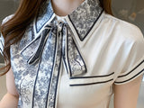 Wjczt Elegant Satin Luxury Women's Blouses Summer Casual Fashion Short Sleeve Print Stitching Bow Collar Shirt Loose Tops Chic Tunics