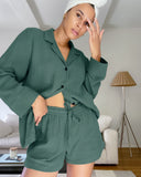 Wjczt Cotton Sleepwear Women Pajama Turn Down Collar Suits With Shorts Long Sleeve Pajamas For Sleep Nightgowns Casual Nightwear