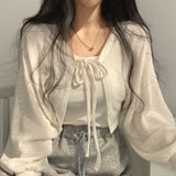 Wjczt Thin White Cardigan Bandage Lantern Sleeve Short Coat Pull Femme Knitwear Top Girl Cardigan Korean Style Casual T Shirt