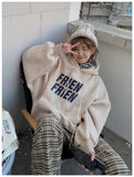 Wjczt Korean Fashion New Grey Loose Fleece Pullover Vintage Pocket Letter Printing Sweatshirt Lazy Casual Raglan Sleeves Hoodie Autumn