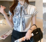 Wjczt Elegant Satin Luxury Women's Blouses Summer Casual Fashion Short Sleeve Print Stitching Bow Collar Shirt Loose Tops Chic Tunics