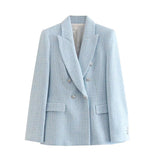 Wjczt Women Solid Tweed Double Breasted Blazer Coat Long Sleeve Pockets Outerwear Female Spring New Tops CD8395