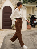 Wjczt Vintage Brown Straight Pant Women Street Style Pleated Floor-Length Trousers Double Pockets Casual Female Pants
