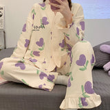 Wjczt 2 Piece Women Set Spring Autumn Long Sleeve Pajamas for Woman Cotton Fashion Sleepwear Flowers Print Soft Ladies Pajama Set