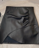 Wjczt Asymmetrical Leather Skirts for Women Vintage Mini Skirt Office Lady Autumn PU High Waist Korean Fashion Clothing