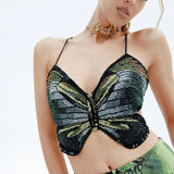 Wjczt Hot Drill Halter Neck Butterfly Crop Tops Corset Cami Top Suspender Vest Women's New Summer Fashion Backless Sexy Top