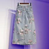 Wjczt Spring And Summer Trendy Flower Split Denim Skirt Women's 5XL Slightly Fat MM Thin Bag Hip Mid-length A-line Skirt