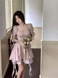 Wjczt Pink Kawaii France Style Short Dress Women Elegant Evening Party Midi Dresses Cute Sweet Puff  Sleeve Clothing 2023