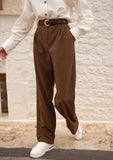 Wjczt Vintage Brown Straight Pant Women Street Style Pleated Floor-Length Trousers Double Pockets Casual Female Pants