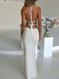 Wjczt Crochet Halter Sleeveless Backless Solid Hollow Out Bandage Sexy Slim Maxi Prom Dress Winter Festival Party Outfit