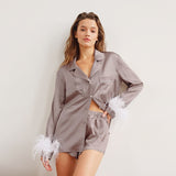 Wjczt Trendy Women Pajamas Set Autumn Casual Lapel Tops + Feather 2Pcs Pants Suits Sexy Lingerie Nightwear Silk Satin Pyjamas pjs Suit