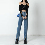 Wjczt Elastic Denim Pants Woman High Waist Vintage Blue Split Jeans Woman Korean Streetwear Bell Bottom Jeans Female Clothing