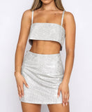 Wjczt Women Tank Cami Bodycon Skirt Party Shiny Sexy Tube Tops Y2K Two Piece Glitter Club Crop Top and Skirt Set Summer Outfits Set