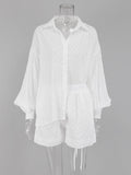 Wjczt White Elegant Jacquard Fabric Soft Vacation Suits Women Long Sleeves Shirts And Hot Pants Two Pieces Outfits Summer