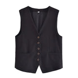 Wjczt Cotton Linen Brown Spring Summer Pockets Shorts Vest Set Sleevless Button Up V Neck Wide Leg Outfits 2 Pcs Suit Femme