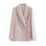 Wjczt Women Solid Tweed Double Breasted Blazer Coat Long Sleeve Pockets Outerwear Female Spring New Tops CD8395