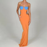 Wjczt Metal Shell Spaghetti Strap Women Dress Orange Patchwork Hollow Out Maxi Dress Female Skinny Elegant Party Clubwear