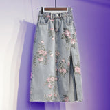 Wjczt Spring And Summer Trendy Flower Split Denim Skirt Women's 5XL Slightly Fat MM Thin Bag Hip Mid-length A-line Skirt