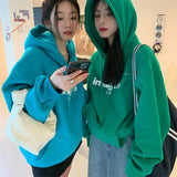 Wjczt Women's Clothing Green Drawstring Street Hoodie Letter Printing Long Sleeves Korean Fashion Hip Hop Oversize Baggy Tops Autumn