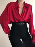 Wjczt Women Button Blouses Turn Down Collar Shirts Office Lady Long Sleeve Casual Blouse Loose OL Shirt Baggy Tops Red/Wine Red /Black