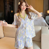 Wjczt 2 Piece Women Set Spring Summer Short Sleeve Pajamas for Woman Silk Fashion Sleepwear Flowers Bird Print Sexy Satin Pajama Set