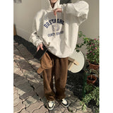 Wjczt Vintage Grey Hoodie Sweatshirt Long Sleeve Korean Fashion Baggy Plus Fluff Letter Printing Casual Female Tops Pullover Hoodie
