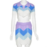 Wjczt Fashion 2022 Knitted Polo Neck Skirt Suits For Women Summer Short Sleeve Button Top High Waist Skirts Patchwork Sets