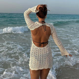 Wjczt Vintage Crochet Flower Hollow Out Dress Cover-Ups Chic Women Sexy Knit Backless Tie-up Mini Dress Summer Beach Holiday Bodycon
