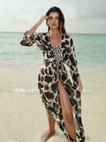 Wjczt Beach Dress Summer Print Swimwear Women Sexy Cover Up Solid Long Tunic Bubble Sleeve Swimsuit With Belt Bathing Suit