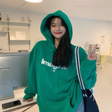 Wjczt Women's Clothing Green Drawstring Street Hoodie Letter Printing Long Sleeves Korean Fashion Hip Hop Oversize Baggy Tops Autumn