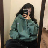 Wjczt Korean Fashion Green Baggy Pullover Letter Printing Fleece Sweatshirt Casual Lazy Wind Raglan Sleeves Drawstring Hoodie Autumn