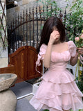 Wjczt Pink Kawaii France Style Short Dress Women Elegant Evening Party Midi Dresses Cute Sweet Puff  Sleeve Clothing 2023