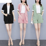 Wjczt 2022 Korean Style Summer New Elegant Women's Shorts Suit Short Sleeve Blazer Belt Decorative Shorts White Vest Three Piece Set