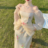 Wjczt French Elegant Ladies Vintage Dress Square Collar Mesh Bowtie Tunic Sheath Long Dress Sweet Flower Printed Retro Summer Dresses