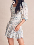 Wjczt Romantic Puff Sleeve Embroidery White Blue Floral Body Elastic Ruched Mini Dress Woman Low Waist Ruffles Hem Holiday Robe