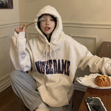 Wjczt Winter Korean Fashion Grey Baggy Pullover Letter Printing Pocket Fleece Thicken Sweatshirt Casual Lazy Raglan Sleeves Hoodie