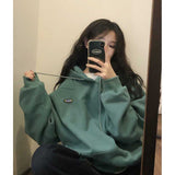 Wjczt Korean Fashion Green Baggy Pullover Letter Printing Fleece Sweatshirt Casual Lazy Wind Raglan Sleeves Drawstring Hoodie Autumn