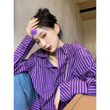 Wjczt Purple Striped Shirt Fashion Women Blouses Casual Youth Long Sleeve Tunics Women's Clothing Spring Summer Tops