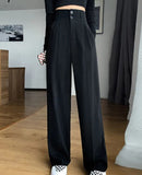 Wjczt Black Suit Pants for Women Korean 2 Buttons Wide Leg Trousers Vintage Streetwear High Fashion Office Ladies Work Pants