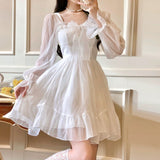 Wjczt French Sweet Fairy Lolita Dress Women Long Sleeve Lace Y2k Mini Dress Vintage Kawaii Clothes One Piece Dress Korean Summer