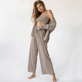Wjczt Knitted Women's Nightwear 3 Piece Sets Casual Long Sleeve Pajamas Female Spaghetti Strap Crop Top Summer Trouser Suits