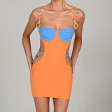Wjczt Metal Shell Spaghetti Strap Women Dress Orange Patchwork Hollow Out Maxi Dress Female Skinny Elegant Party Clubwear
